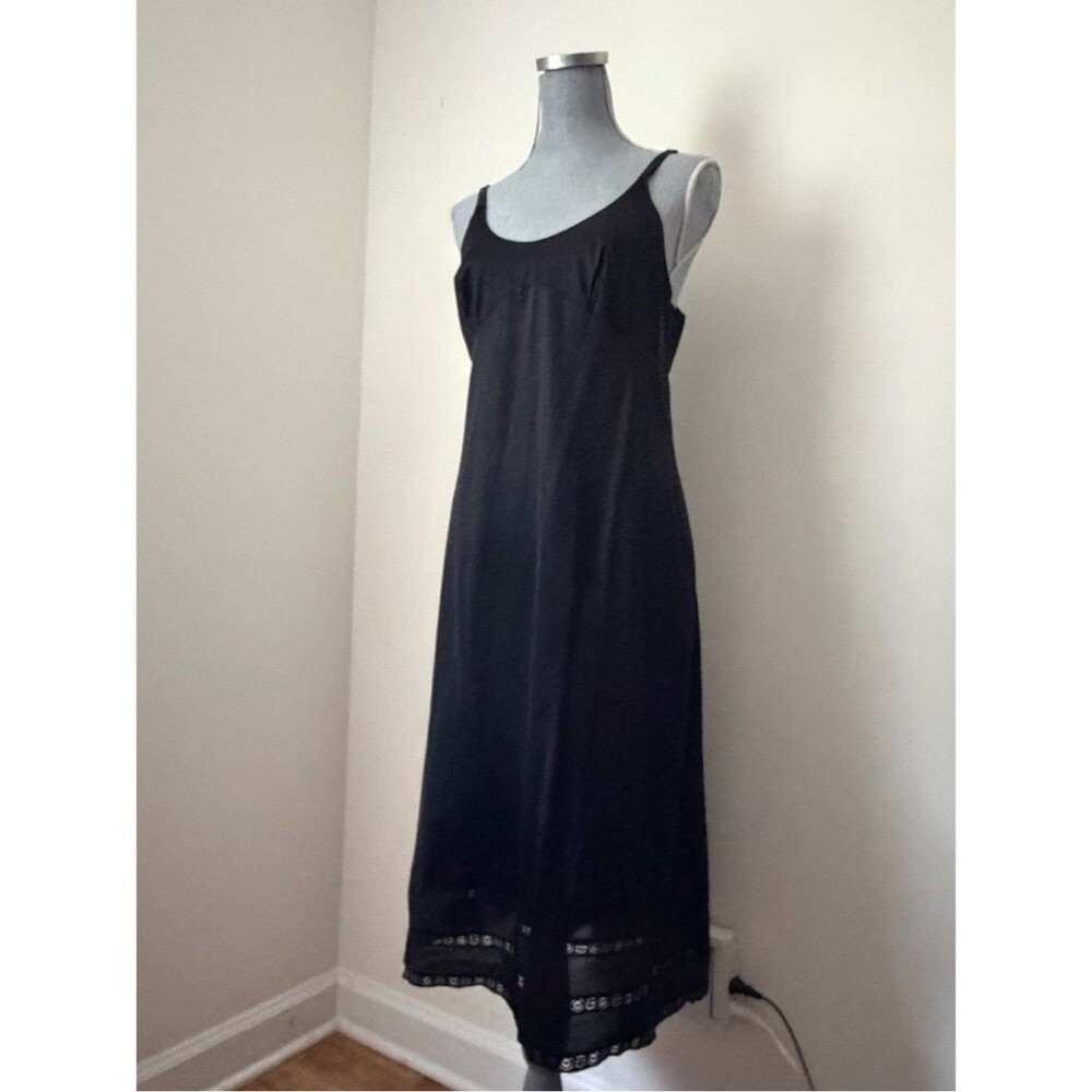 Vintage Sears Size 38 Classic Black Slip Dress with Lace Eyelet Hem